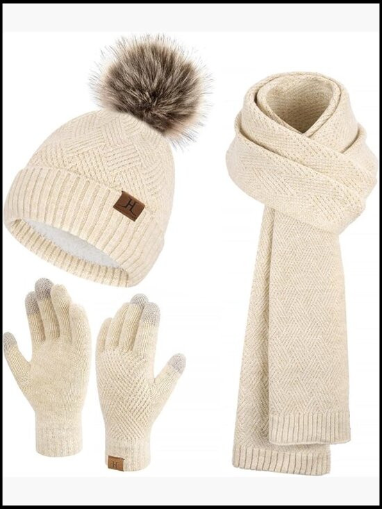 Winter Knit Beanie Hat Long Scarf Touchscreen Gloves Set Fleece Lined